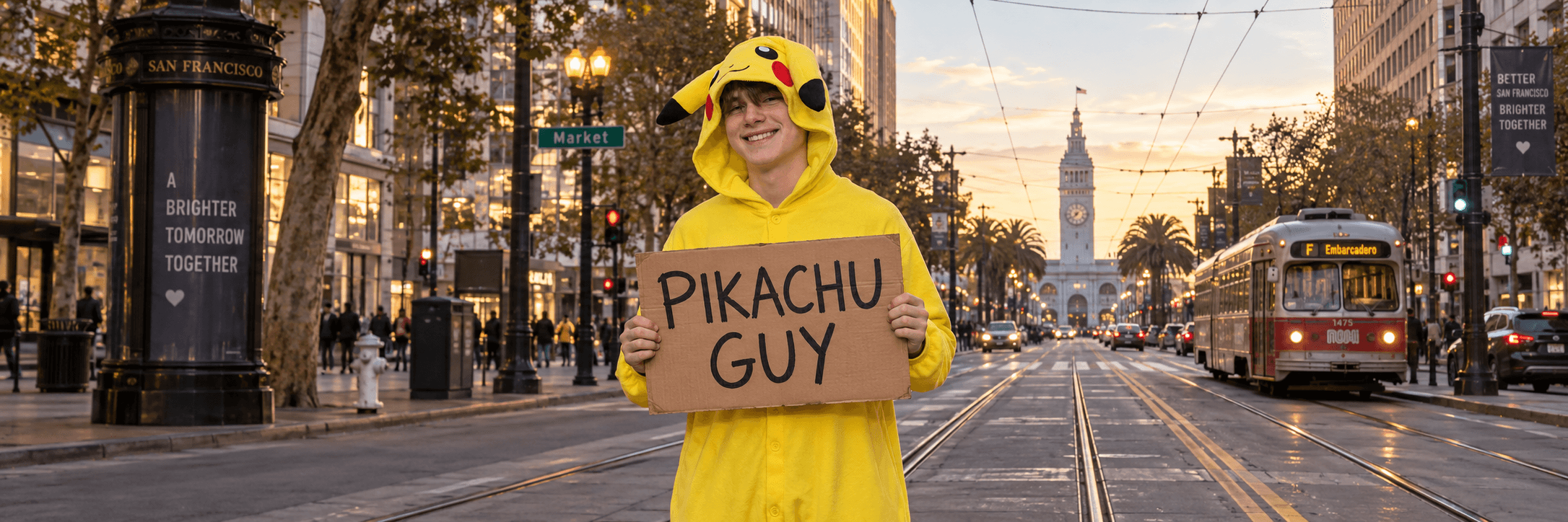Pikachu Guy holding a cardboard sign on Market Street in San Francisco